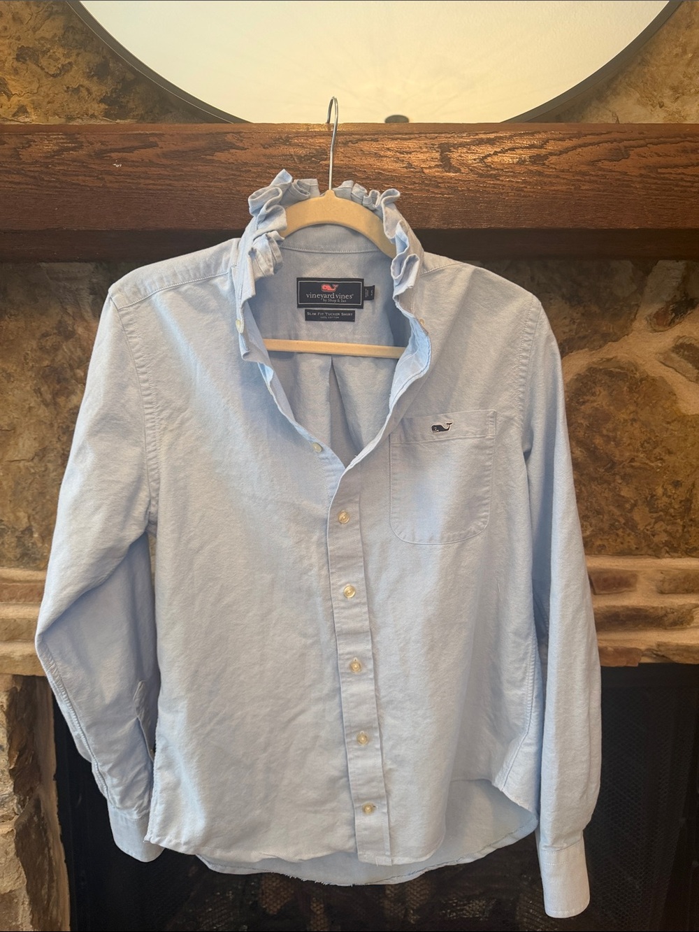 Upcycled Vineyard Vines Pale Blue Ruffle Collar Cotton Button-Down Shirt